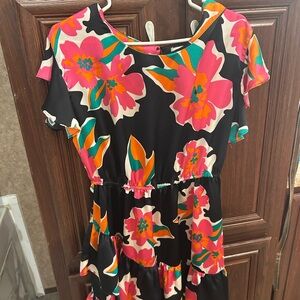 Black Floral Tiered Dress with Pink & Orange Blooms